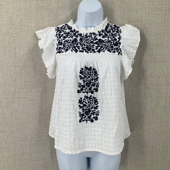 THML Tops - THML Embroidered Blouse Womens S White Cotton Ruffle Flutter Boho Cottagecore